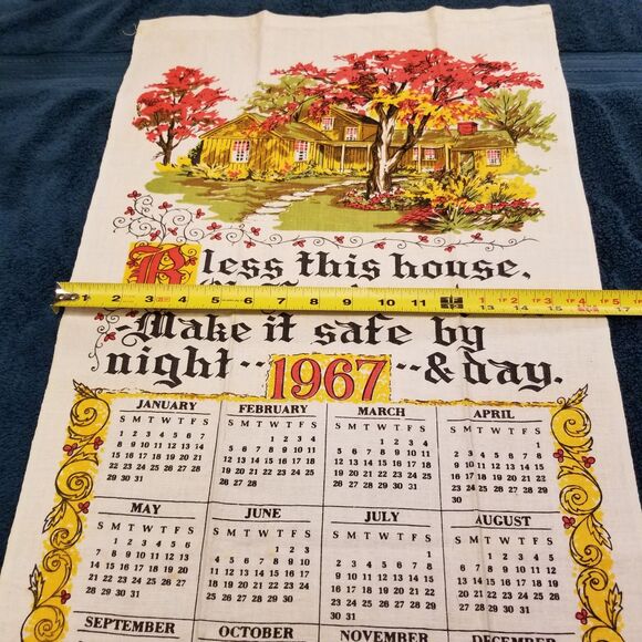 Vintage linen tea towel bless this house 1967 calendar new old stock - Picture 5 of 6